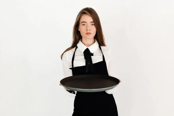 Young Pretty Girl Waitress Uniform Smiling Posing White Background Favorite — Fotografia de Stock