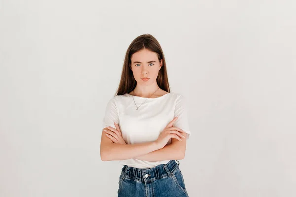 Studio Portrait Good Looking Woman White Shirt Jeans Isolated White — Stock Photo, Image