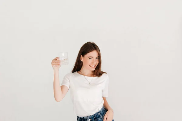 Beautiful Young Girl Glass Water White Background Maintaining Water Balance — Stockfoto