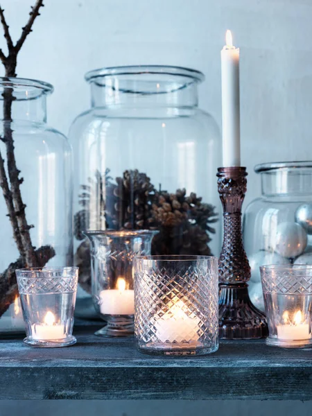 Candles Pine Cones Glass Jars — Stock Photo, Image