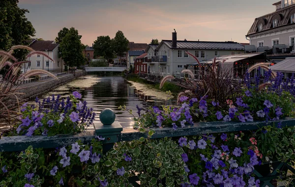 Blumen Auf Brücke Über Fluss — Stockfoto