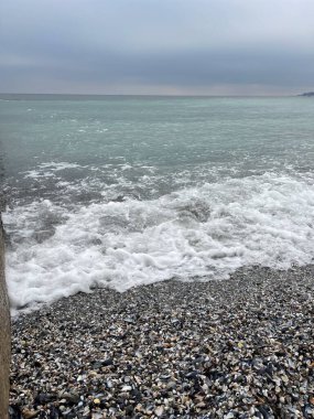 Denizin mavi dalgalı sularının deniz kabuğu kıyı şeridini yıkarken dikey görüntüsü.