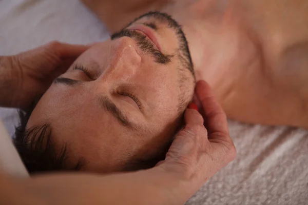 Cropped Close Bearded Man Enjoying Face Massage Cosmetologist — Stock Photo, Image