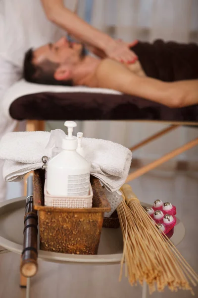 Vertical Close Skin Moisturizer Bottle Massage Tools Man Getting Professional — Stock Photo, Image