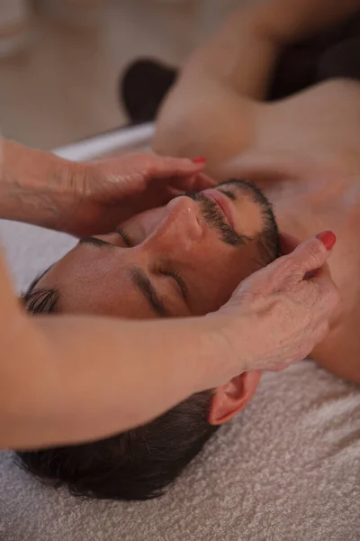 Vertical Close Mature Man Enjoying Professional Face Massage Spa Salon — Stock Photo, Image