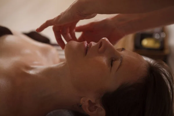 Cropped Close Mature Woman Relaxing Professional Face Massage Treatment Spa — Stock Photo, Image