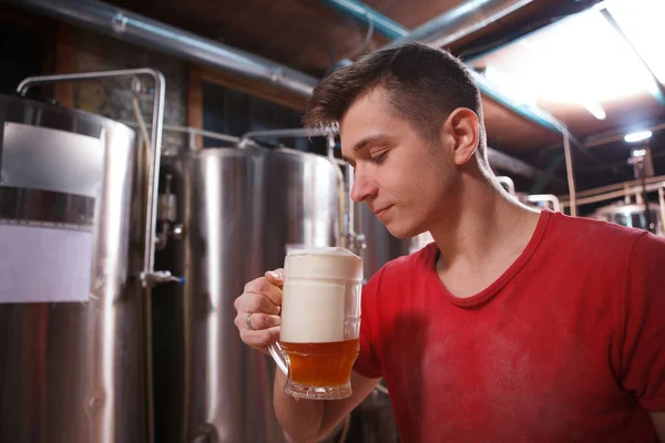 Handsome Male Brewer Smelling Freshly Brewed Beer Glass Copy Space — Stock Photo, Image