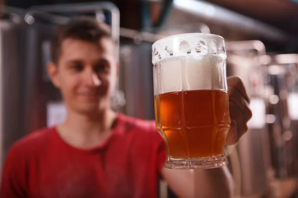 Selective Focus Beer Mug Male Brewer Holding Working His Microbrewery — Stock Photo, Image