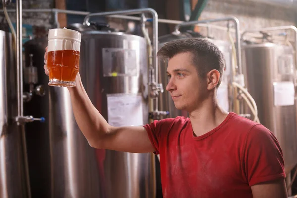 Jonge Professionele Brouwer Die Bier Onderzoekt Een Mok Die Hij — Stockfoto