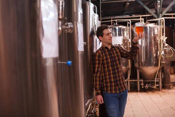 Professionele Brouwer Werkt Zijn Microbrouwerij Onderzoekt Bier Een Mok — Stockfoto
