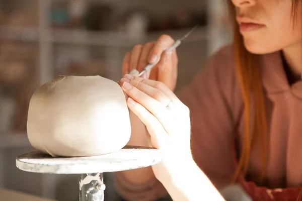 Cropped Close Clay Teapot Female Ceramist Working Her Art Studio — Stock Photo, Image