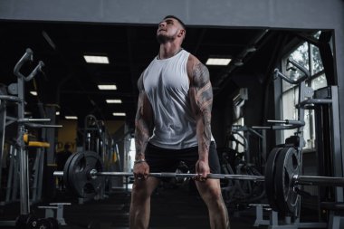 Huge muscular tattooed bodybuilder lifting heavy barbell at gym