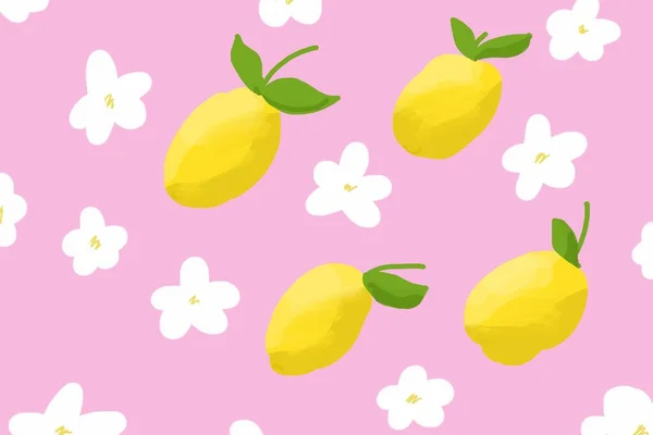 Yellow Lemons White Flowers Pink Background Pattern Illustration — 스톡 사진