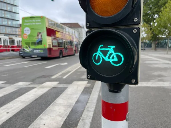 Señal Tráfico Bicicletas Verde Brillante Cruce Ciudad — Foto de Stock