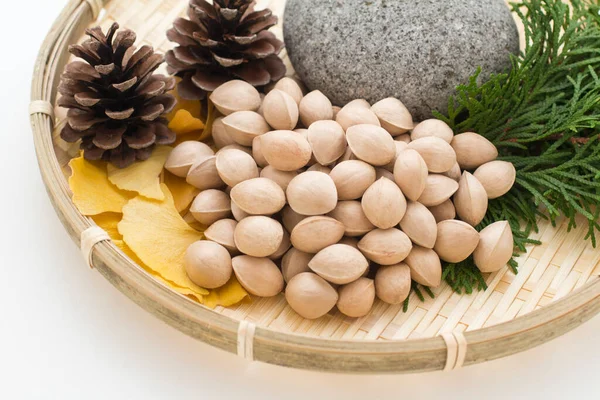 Japon Ginkgo fındıkları beyaz arka planda (Japonya 'da Ginnan deniyor))