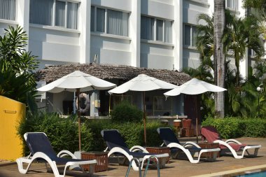 Yüzme havuzu yakınında güzel sandalyeler ve şemsiyeler