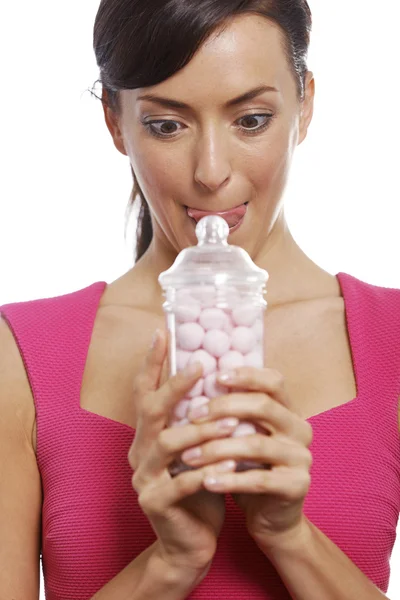 Woman with sweet jar — Stock Photo, Image