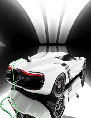 Beyaz jenerik spor araba panoramiği arabanın ön ve arkasını gösteriyor modern elektrikli spor araba 3D görüntü ayarında şarj ediliyor.