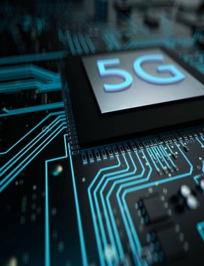 Modern 5G işlemci devre kartı konsept 3D görüntüleme