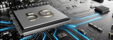 Modern 5G işlemci devre kartı konsepti 3D render panoramik