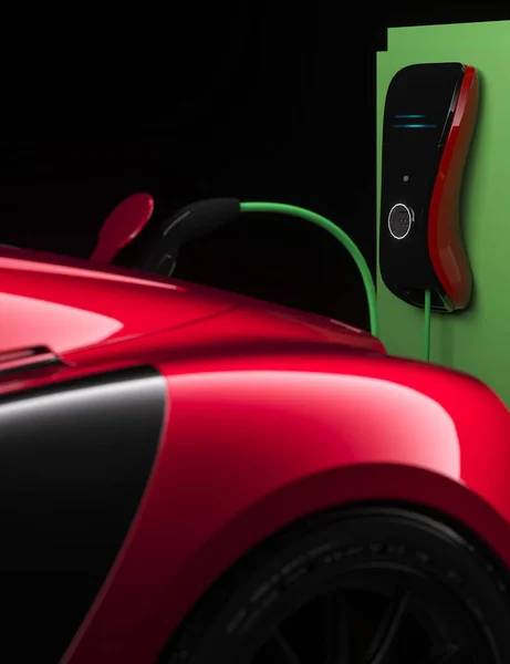 Piros Generikus Modern Elektromos Sportautó Töltés Stúdió Környezetben Render — Stock Fotó