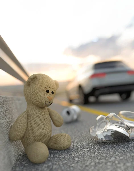 Toy Bear Sunset Road Having Been Accidentally Left Render — Stock Photo, Image