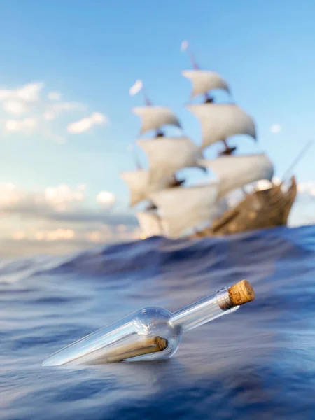 Message in a glass bottle floating on the ocean with a tall sailing ship in the distance 3d render