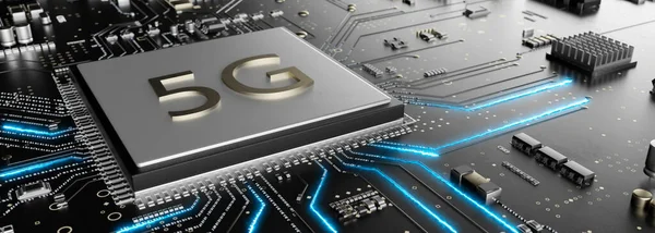 Modern 5G işlemci devre kartı konsepti 3D render panoramik