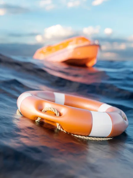 Oranje Reddingsring Reddingsboot Oceaan Wachtend Redding Render — Stockfoto