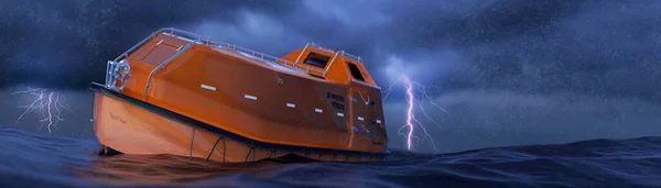 Oranje Reddingsboot Oceaan Wachtend Gered Worden Tijdens Een Storm Render — Stockfoto