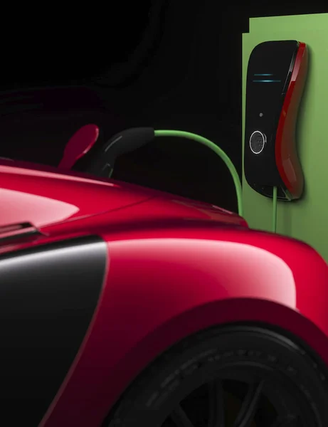 Красный Универсальный Современный Электрический Спортивный Автомобиль Заряжается Студийной Установке Рендеринга Стоковое Изображение