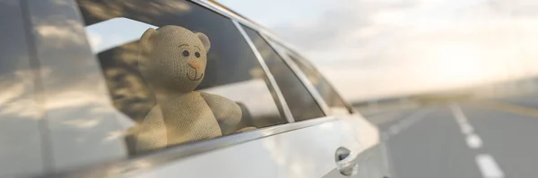 Urso Brinquedo Criança Viajando Carro Uma Aventura Render Imagem De Stock