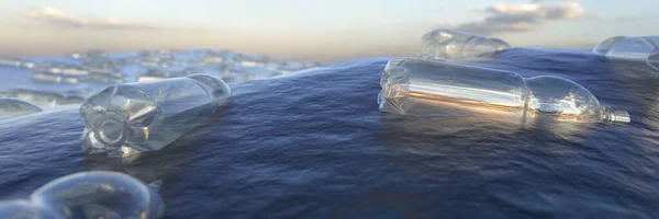 Flera Plastflaskor Som Flyter Havet Har Kasserats Och Skadat Ekosystemet Stockbild