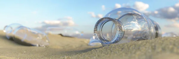 塑料瓶子被冲刷在海滩概念3D渲染 图库图片