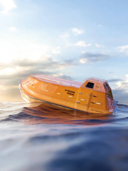 海洋中等待救援的橙色应急救生艇3D渲染 图库图片