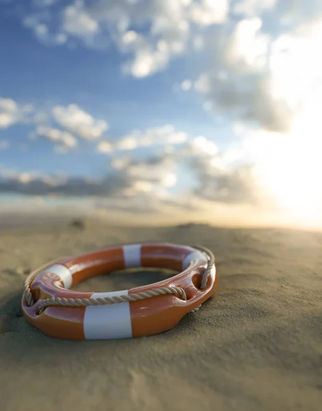 Anillo Rescate Emergencia Naranja Lavado Una Playa Render Imágenes de stock libres de derechos