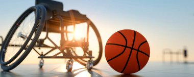Spor tekerlekli sandalye ve basketbol konsepti 3D canlandırma