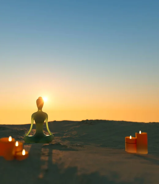 Konzeptuelle Ruhige Meditation Mit Jadefigur Strand Bei Sonnenaufgang Rendern Stockbild