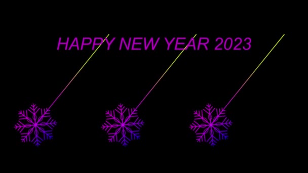 Абстрактні Сніжинки Являються Чорному Фоні Текстом Happy New Year 2023 — стокове відео