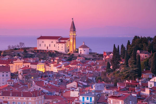 Piran Slovenië Luchtfoto Van Het Prachtige Piran Slovenië Bij Zonsondergang — Stockfoto