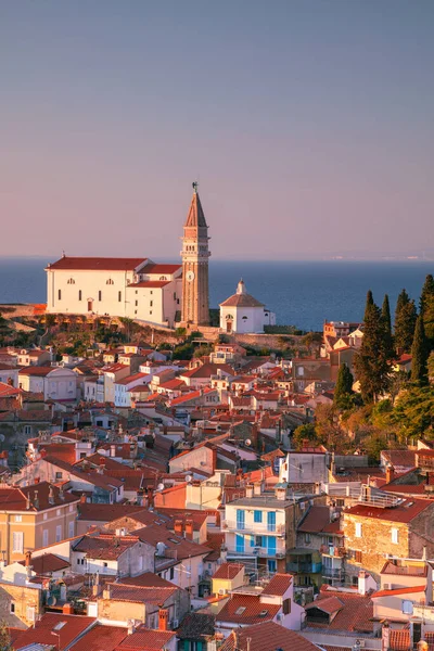 Piran Slovenië Luchtfoto Van Het Prachtige Piran Slovenië Bij Zonsondergang — Stockfoto