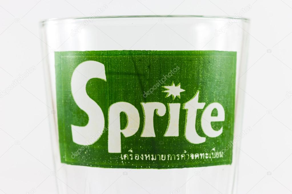 Bangkok, Thailand-December 10, 2013: Sprite classic logo on empty glass closeup, Sprite is a popular brand made by the Coca-Cola Company