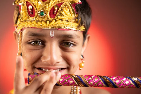 Close Head Shot Kid Lord Krishna Costume Playing Flute Shri — Stock Photo, Image