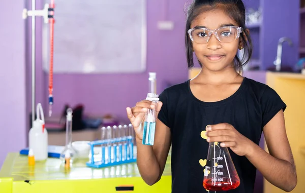 Happy Confident School Kid Science Lab Chemical Flask Hand Looking — Stock Photo, Image