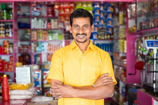 Portrait Successful Indian Kirana Groceries Businessman Standing Confidently Smile Looking — Stockfoto