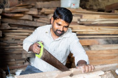 Hintli marangoz, testere teçhizatı kullanarak odun kesiyor. Sıkı çalışma, marangoz ve usta işçilik kavramı..