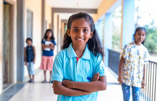 Χαμογελαστό κορίτσι στέκεται με σταυρωμένα χέρια κοιτάζοντας κάμερα στο διάδρομο του σχολείου - έννοια της εκπαίδευσης, πίσω στο σχολείο και την ανάπτυξη — Φωτογραφία Αρχείου