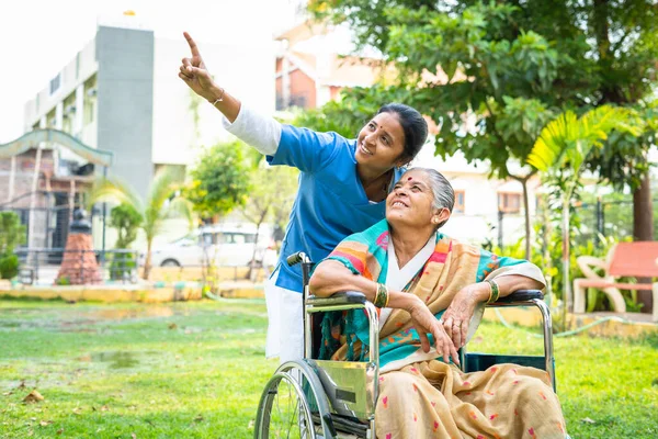 Hemşire yaşlı kadınlara parkta tekerlekli sandalyede otururken doğayı ve kuşları gösteriyor - rahatlama, sağlık tedavisi ve rehabilitasyon kavramı.