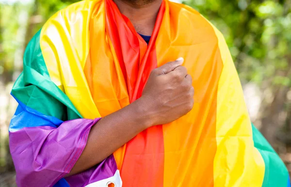 Man Praying Embracing Lgbtq Pride Flag Embracing Pride March Concept — Stock Photo, Image