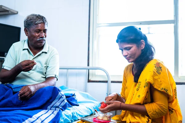 Happy Smiling Daughter Giving Fruits Recovered Sick Father While Bed — Photo